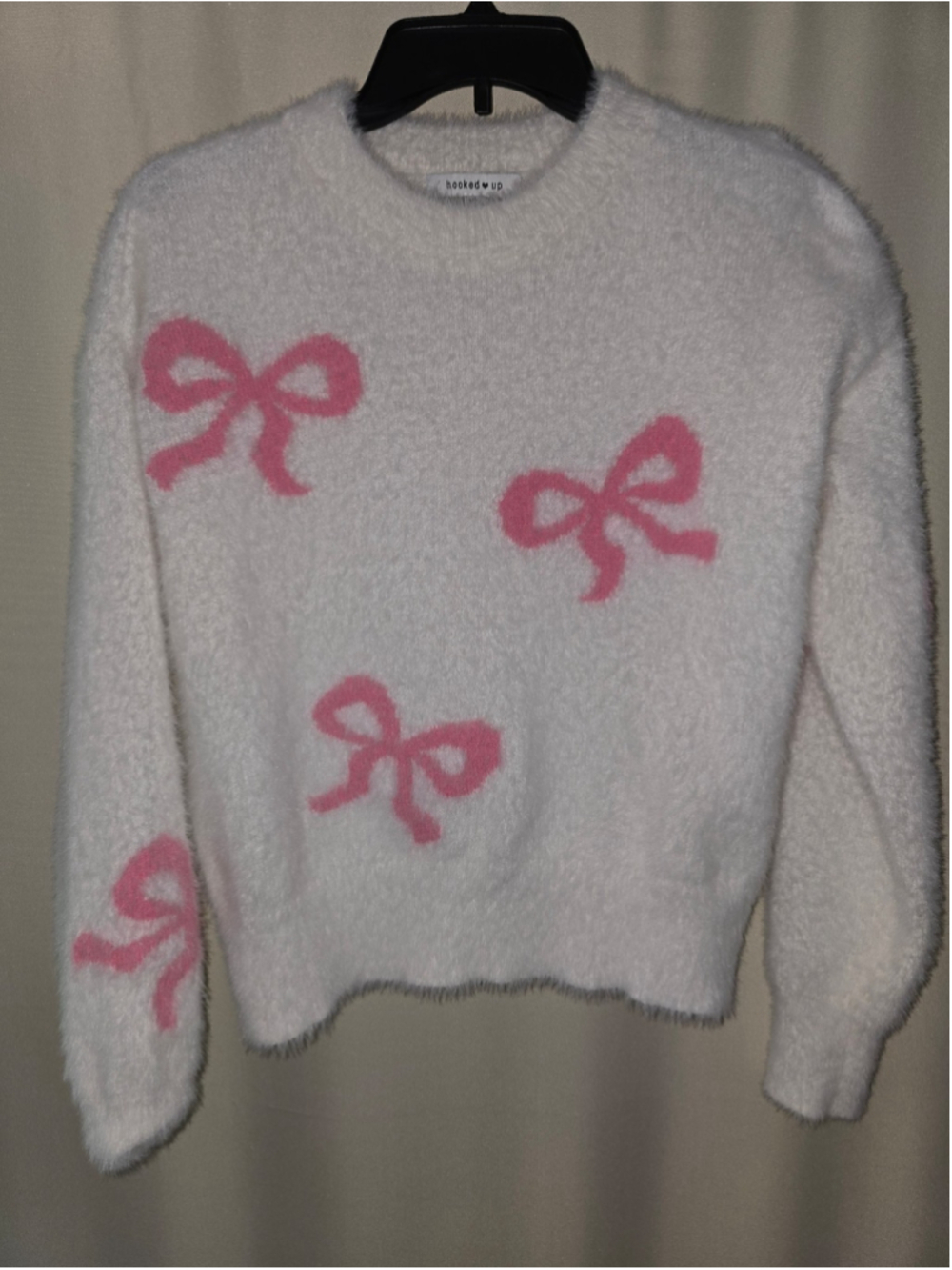 Hooked Up Mohair-style Fuzzy Sweater white with pink bows size XS